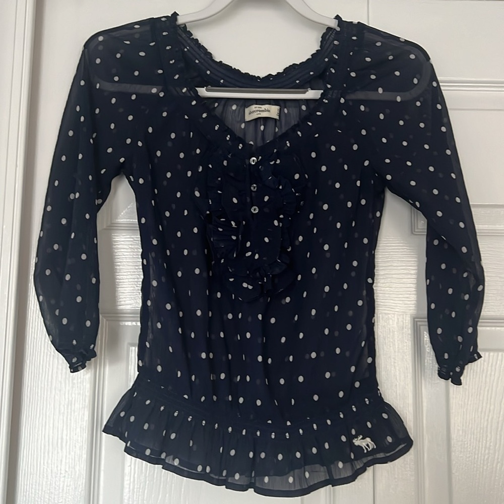 Abercrombie Kids Navy Blue White Polka Dot Blouse XL Ruffle Button Preppy